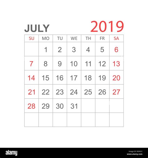 Calendar July 2019 Year In Simple Style Calendar Planner Design
