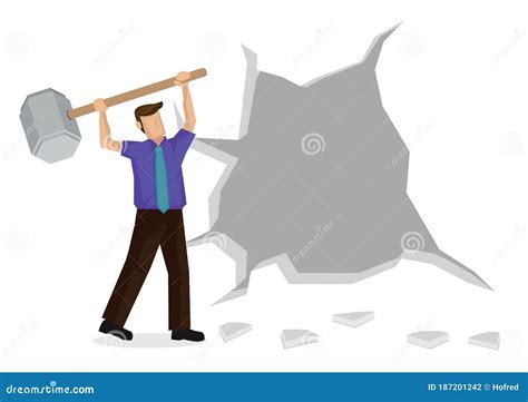 Vector Illustration Of Business Man Breaking Down The Wall Stock Vector