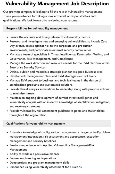Vulnerability Management Job Description Velvet Jobs