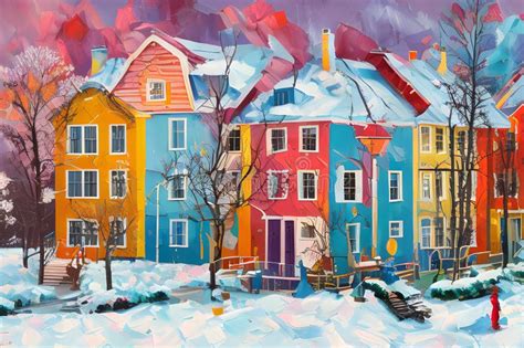 Image Of The Scandinavian Folk Art Houses In Winter In A Small Town