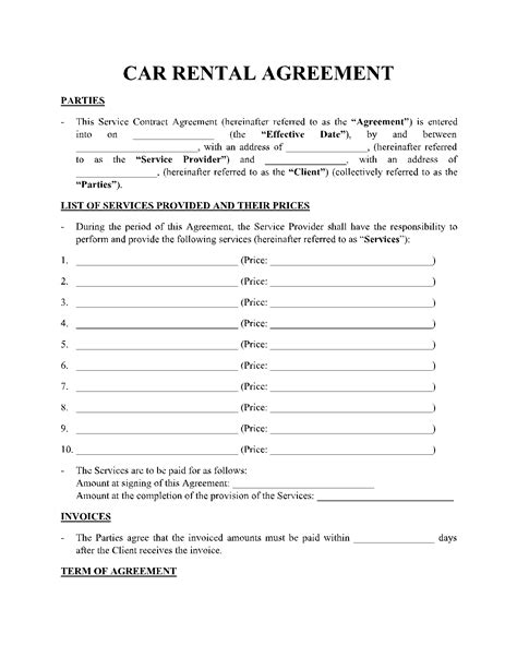 Car Rental Agreement Form Vehicle Rental Agreement