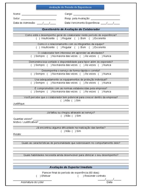 Formulário Avaliação De Experiência Pdf