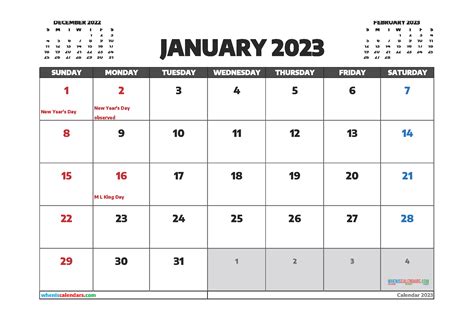 January Calendar 2023 Template With Holidays In Pdf Word Zohal
