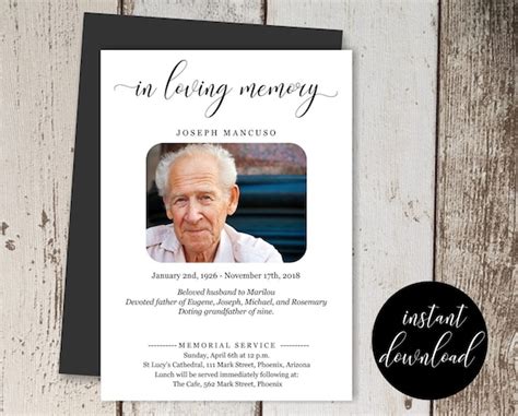 Funeral Announcement Template Printable Memorial Service Etsy
