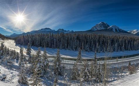 Download Wallpapers Winter Mountains Snow River Banff National Park