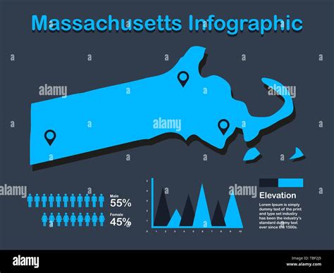 Massachusetts State Usa Map With Set Of Infographic Elements In Blue