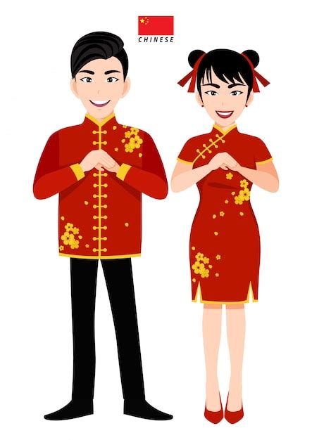 전통 의상 중국 사람들 인사말 및 흰색 배경 만화 캐릭터에 중국 국기 중국 남성과 여성 프리미엄 벡터