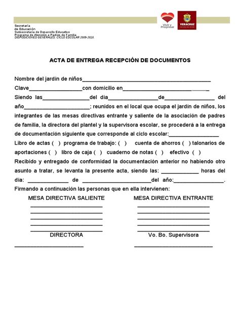 Acta De Entrega Recepción De Documentos Pdf