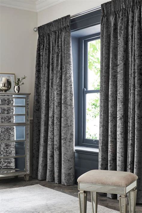 Next Grey Crushed Velvet Pencil Pleat Lined Curtains Grey In 2021