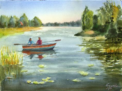 Romantic Boat Painting Original Watercolor River Landscape Etsy