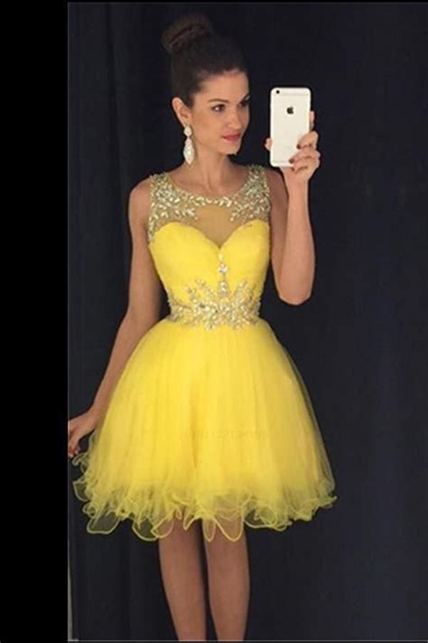 Discount Beautiful Short Prom Dresses Yellow Prom Dresses Sleeveless