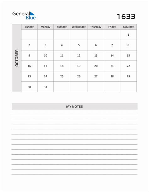 October 1633 Printable Monthly Calendar With Notes
