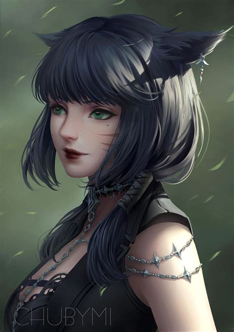 An Anime Character With Black Hair And Green Eyes Wearing A Cat Ears