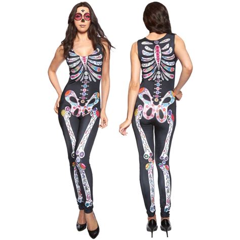 Adult Sexy Women Jumpsuit Sugar Skull Catsuit Costume Onesies