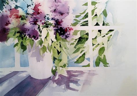 In The Window Watercolor Negative Painting Watercolor Flowers