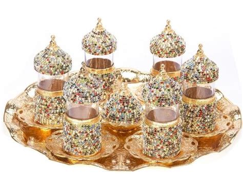 Turkish Tea Glasses Set Saucers Holders Swarovski Crystal Set