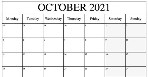 October 2021 Calendar Word Printable March