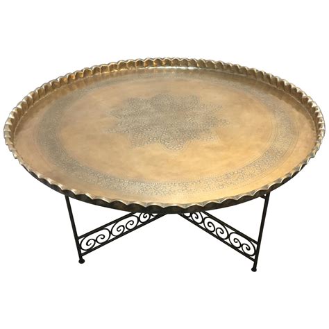 Large Moroccan Round Brass Tray Table On Iron Folding Stand At 1stdibs