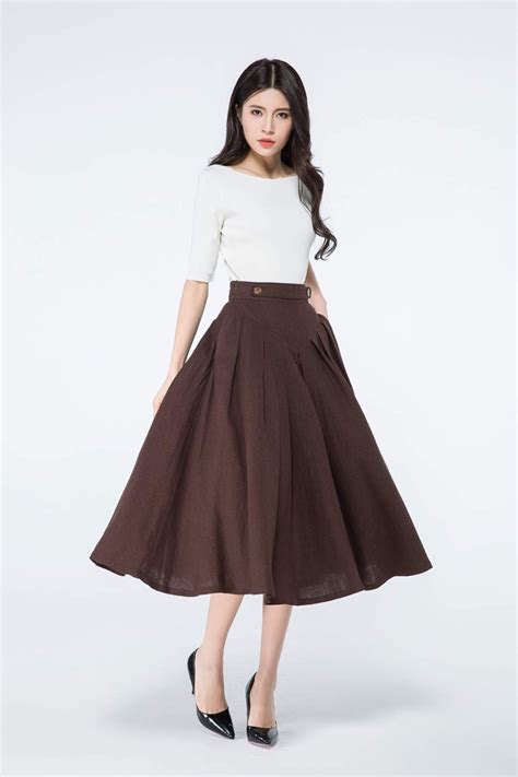 Brown Linen Midi Skirt Pleated Linen Skirt Womens Circle Skirts