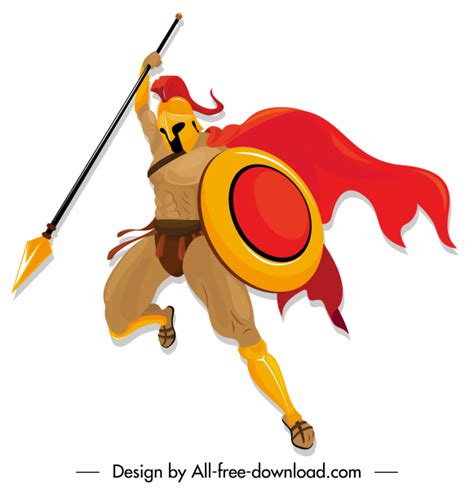 Spartan Knight Icon Attacking Gesture Colored Cartoon Character Vectors