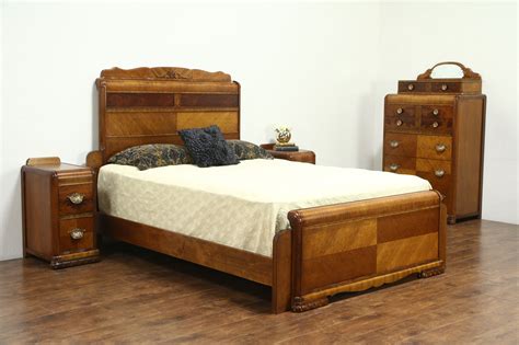 Waterfall Art Deco Vintage Bedroom Set Queen Size Bed Tall Chest 2