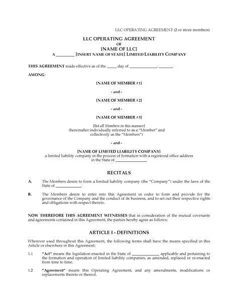 Usa Llc Operating Agreement For Multimember Company Legal Forms And
