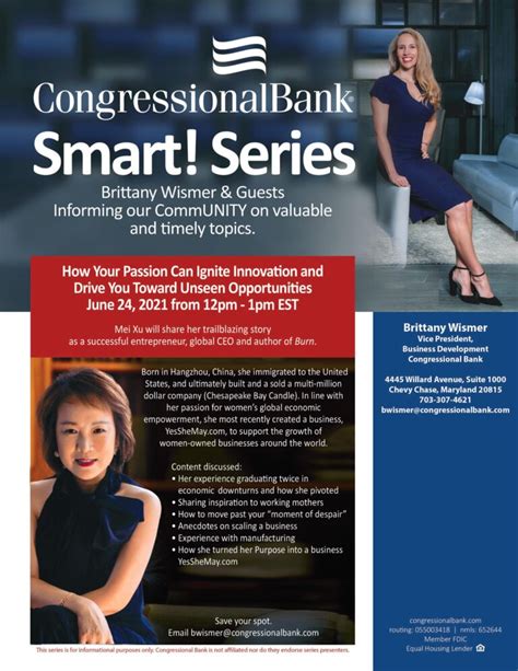 June 24th Congressional Bank Smart Series Online Event With Mei Xu