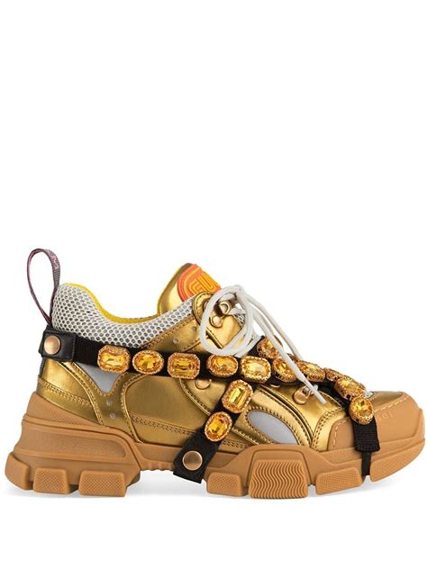 Gucci Flashtrek Leather Sneaker With Crystals Gold Leather Sneakers