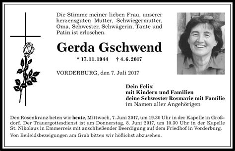 Traueranzeigen Von Gerda Gschwend Allg Uer Zeitung