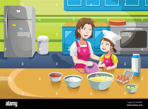 Un Vecteur Illustration De La Mère Et Sa Fille La Cuisson Dans La