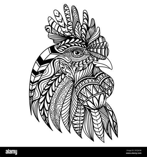 Rooster Chicken Head Mandala Zentangle Coloring Page Illustration For