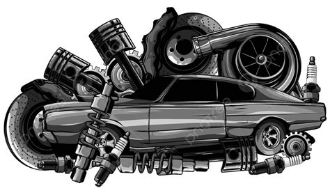 Vintage Car Parts Collection In Monochrome Vector Vector Isolated
