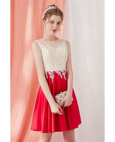 pretty champagne and red short homecoming dress aline with lace ama86017