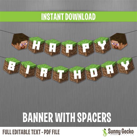 Minecraft Happy Birthday Banner With Spacers Instant Download And Edit