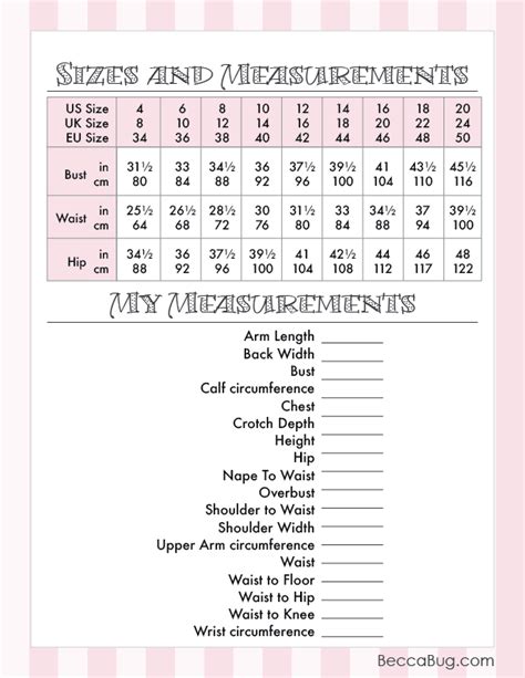 Sewing Printable Measurement Chart