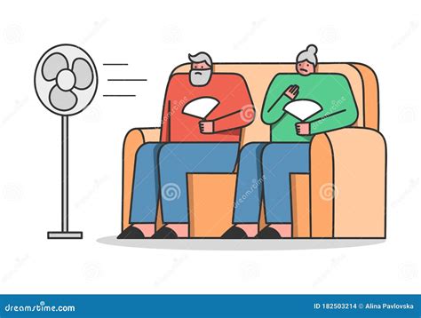 Concept Of Summer Hot Period Of Time Sweltering In Heat Aged People Sitting On Sofa Use Fans To