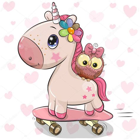 Cute Dibujos Animados Unicornio Con Buho Monopatín — Vector De Stock
