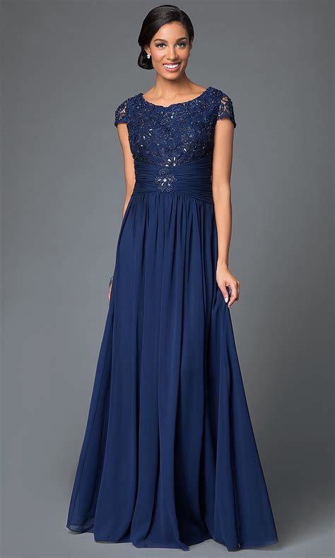 Lace Bodice Long Formal Dress With Cap Sleeves