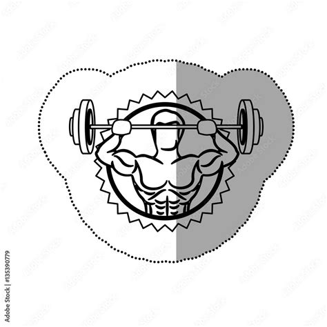 Sticker Contour Stamp Border With Muscle Man Lifting A Disc Weights