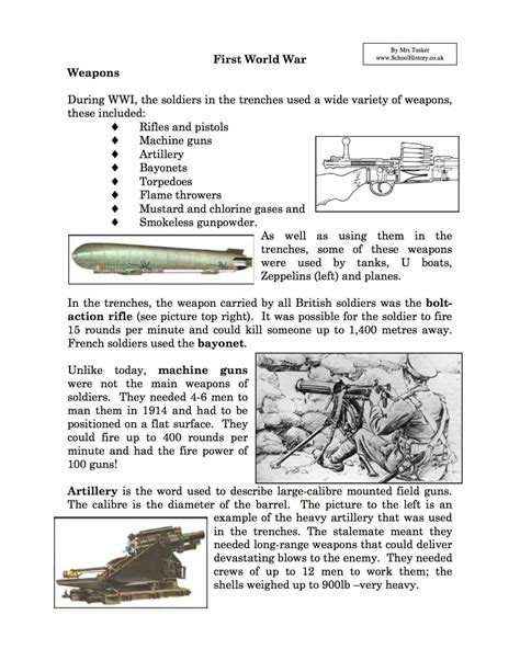 Weapons Used In World War I Facts And Information Worksheet