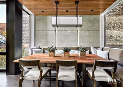 Contemporary Neutral Dining Room With Walnut Ceiling Panels Luxe