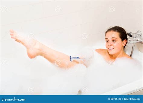 Woman Shaving Legs In Bath Stock Image Image Of Caucasian