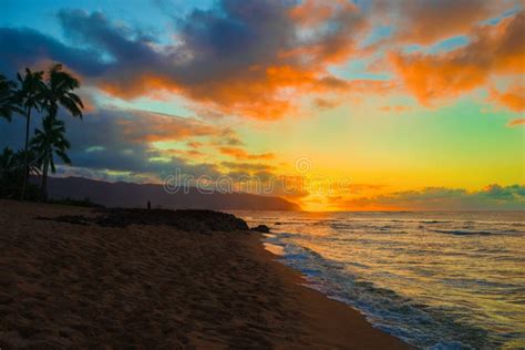 Colorful Sunset Over Ocean At Haleiwa Hawaii Oahu Island Stock Image