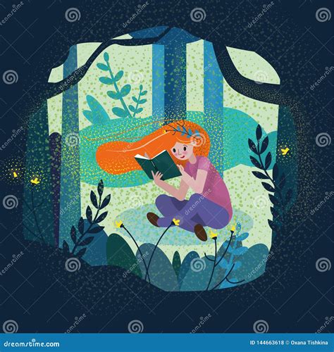 Red Haired Girl Reading The Book In The Deep Forest Stock Vector Illustration Of People