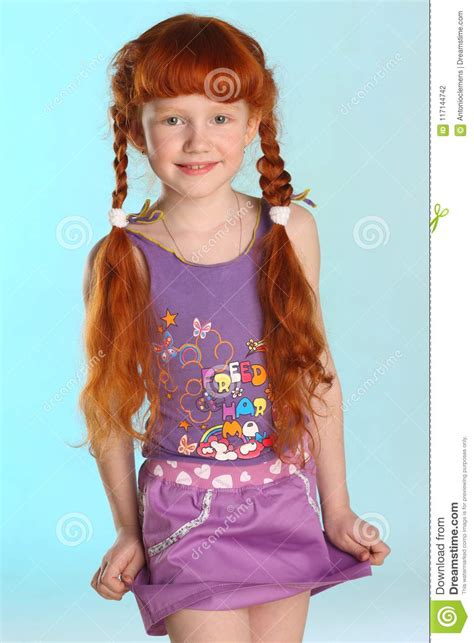 Portrait Of Little Redhead Pre Teen Fashion Girl Model In A Summer
