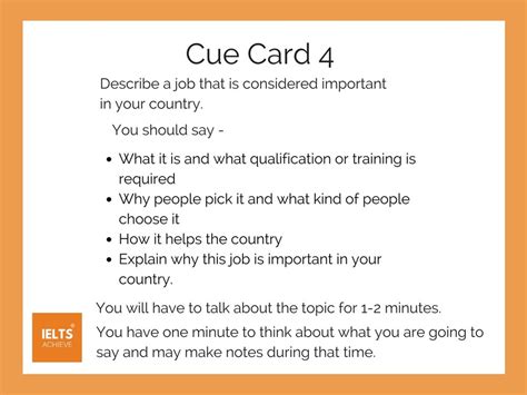 Includes a strategy to follow, how to plan, what to include and how to overcome challenges. IELTS Cue Card 4 - A Job That Is Considered Important In ...