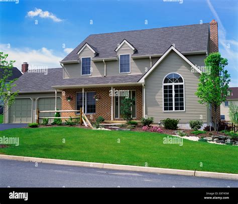 1990s Suburban Home Two Car Garage Porch Stock Photo Alamy