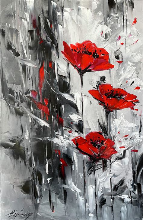 Contemporary Black And White Original Oil Painting Red Poppies