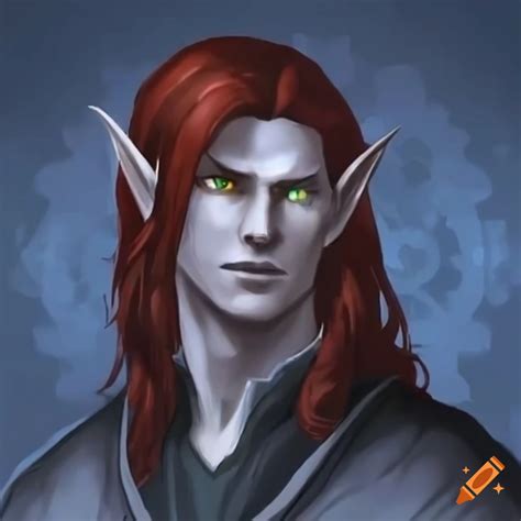 Image Of A Male Elf With Purple Gray Skin And Long Dark Red Hair