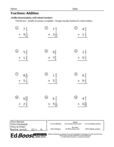 Adding Fractions And Mixed Numbers With Unlike Denominators Worksheet